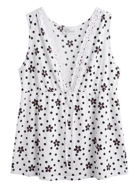 Lace-Trim Polka Dot Tank Top with Pink Floral Accent